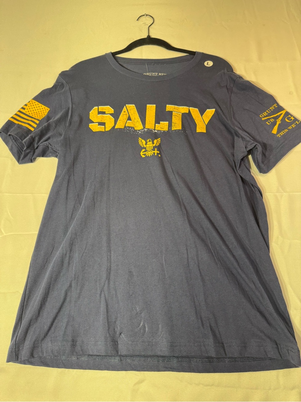 New Grunt Style Large Navy Short Sleeve 'SALTY' Tee with Yellow Graphics